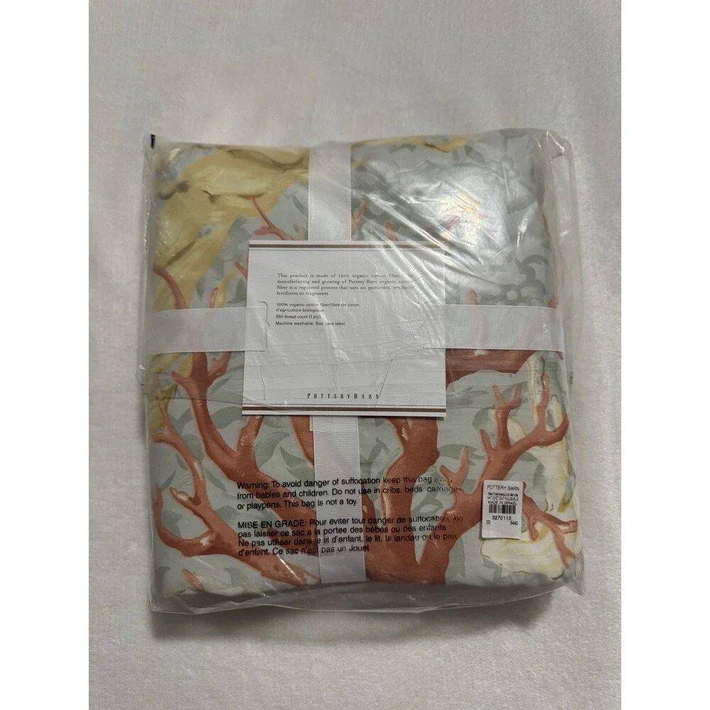 Pottery Barn Nantucket Print Organic Cotton Coral Reef Seahorse Queen Duvet 350